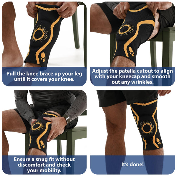 ORTONYX knee brace with patella ring (ACKB314) shown being fitted; 3D knitted patella stabilizer sleeve aligned over kneecap.