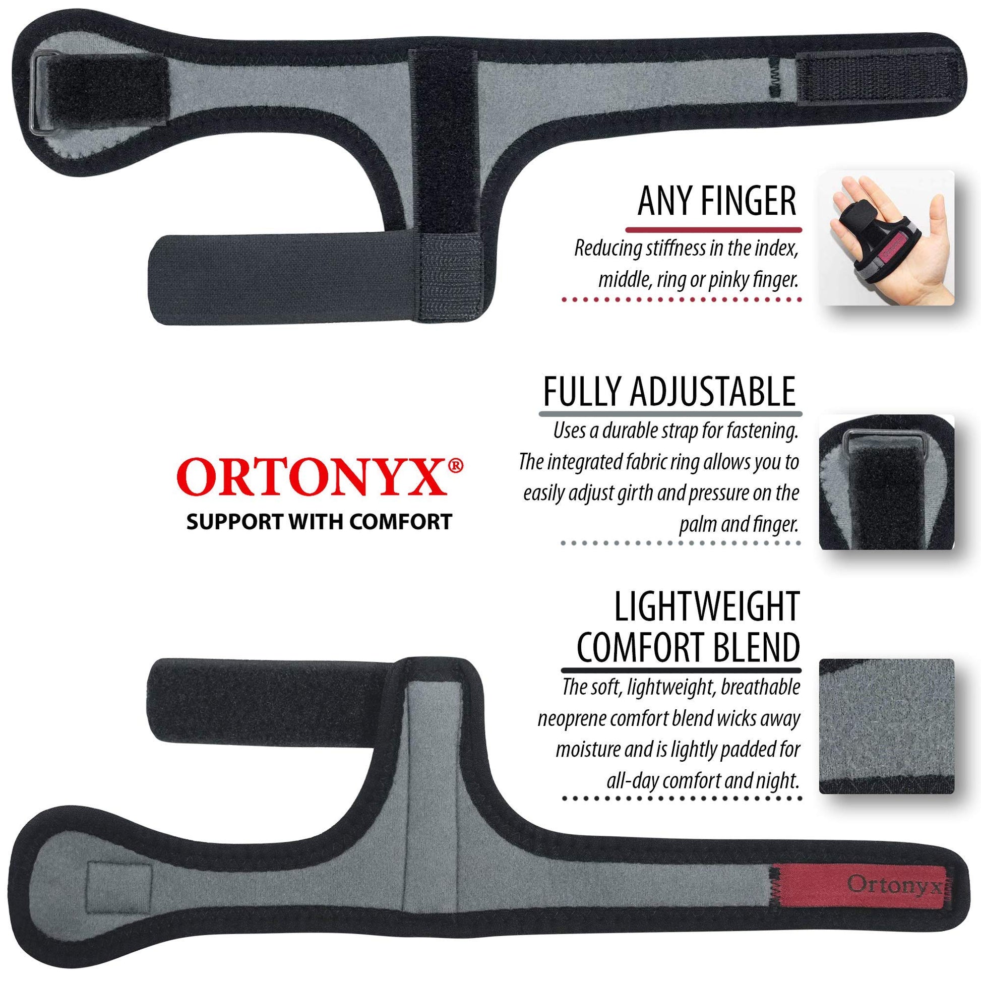 ORTONYX Trigger Finger Splint finger support brace, adjustable neoprene, aluminum stay, Velcro straps; ambidextrous fit.