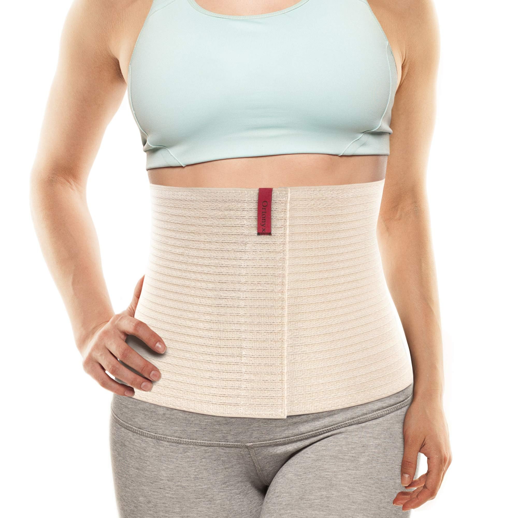 ORTONYX abdominal binder 524010 on torso, beige ribbed breathable elastic with Velcro-adjustable closure, 10.25 in height