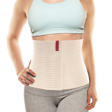 ORTONYX abdominal binder 524010 on torso, beige ribbed breathable elastic with Velcro-adjustable closure, 10.25 in height