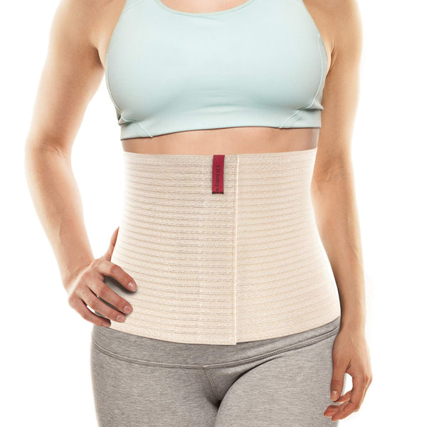 ORTONYX abdominal binder 524010 on torso, beige ribbed breathable elastic with Velcro-adjustable closure, 10.25 in height