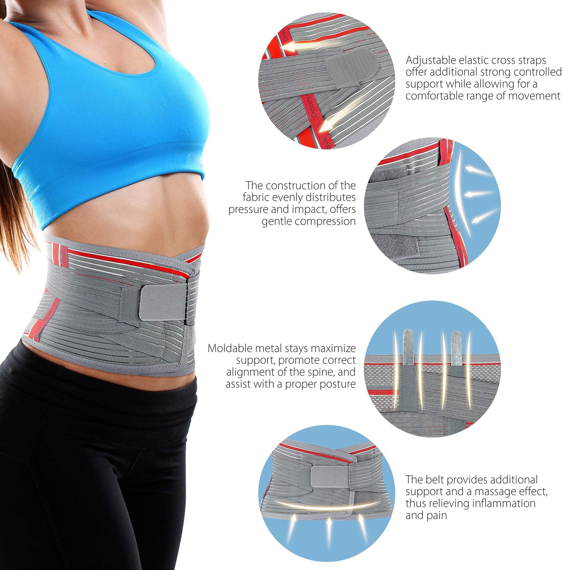 ORTONYX lumbar support belt back brace with breathable knitted lumbar belt, elastic cross straps, and four metal stays.