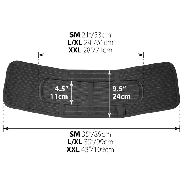 Black ORTONYX Abdominal Binder IMWB-568 with Velcro, tapered; SM–XXL, 35–43in length, 4.5in and 9.5in panel heights labeled.