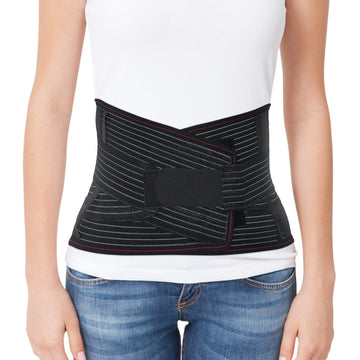 ORTONYX lumbosacral lumbar support belt back brace, black knitted breathable design with adjustable wrap straps on torso.
