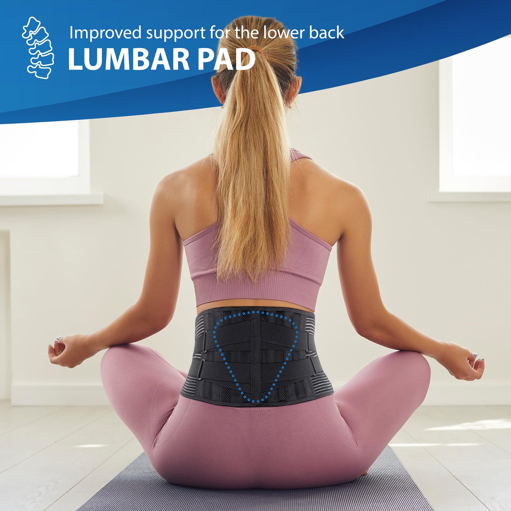 Person cross-legged wearing ORTONYX lower back support brace OX725BK, lumbosacral belt with triangular lumbar support pad.