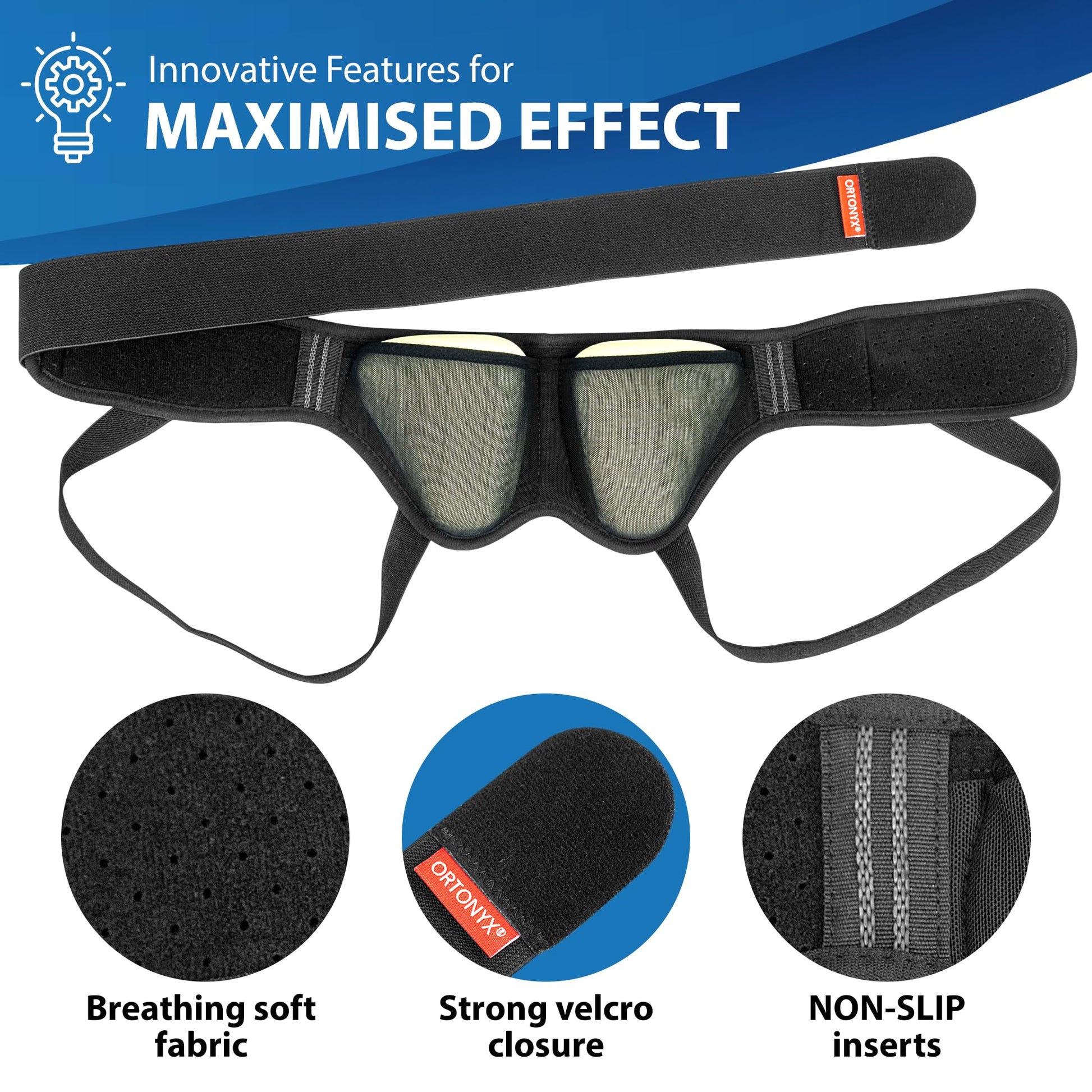 ORTONYX inguinal hernia belt with dual removable pads, adjustable hook-and-loop straps, breathable fabric, non-slip inserts