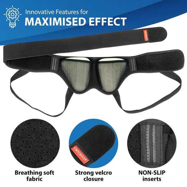 ORTONYX inguinal hernia belt with dual removable pads, adjustable hook-and-loop straps, breathable fabric, non-slip inserts