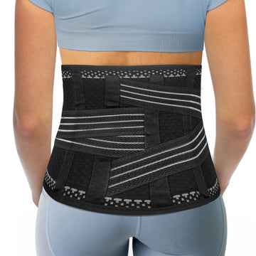ORTONYX lumbosacral support brace on lower back, back support belt with vertical stays, crossover straps, breathable knit
