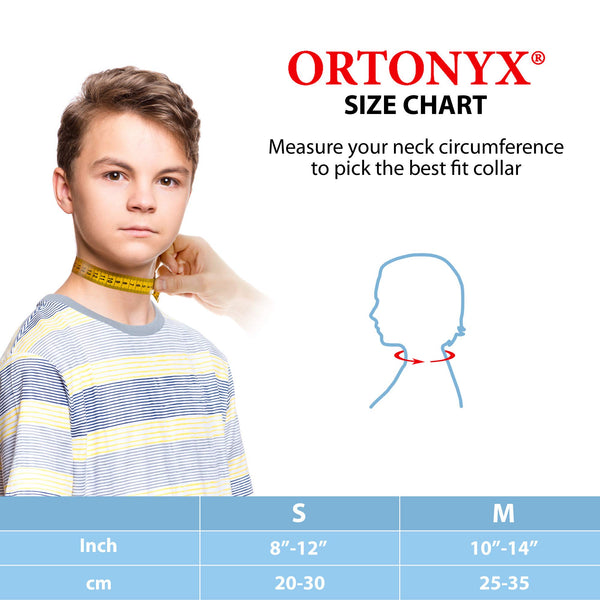 ORTONYX ACJS03 pediatric cervical collar size chart; child neck measured; S 8–12 in (20–30 cm), M 10–14 in (25–35 cm)