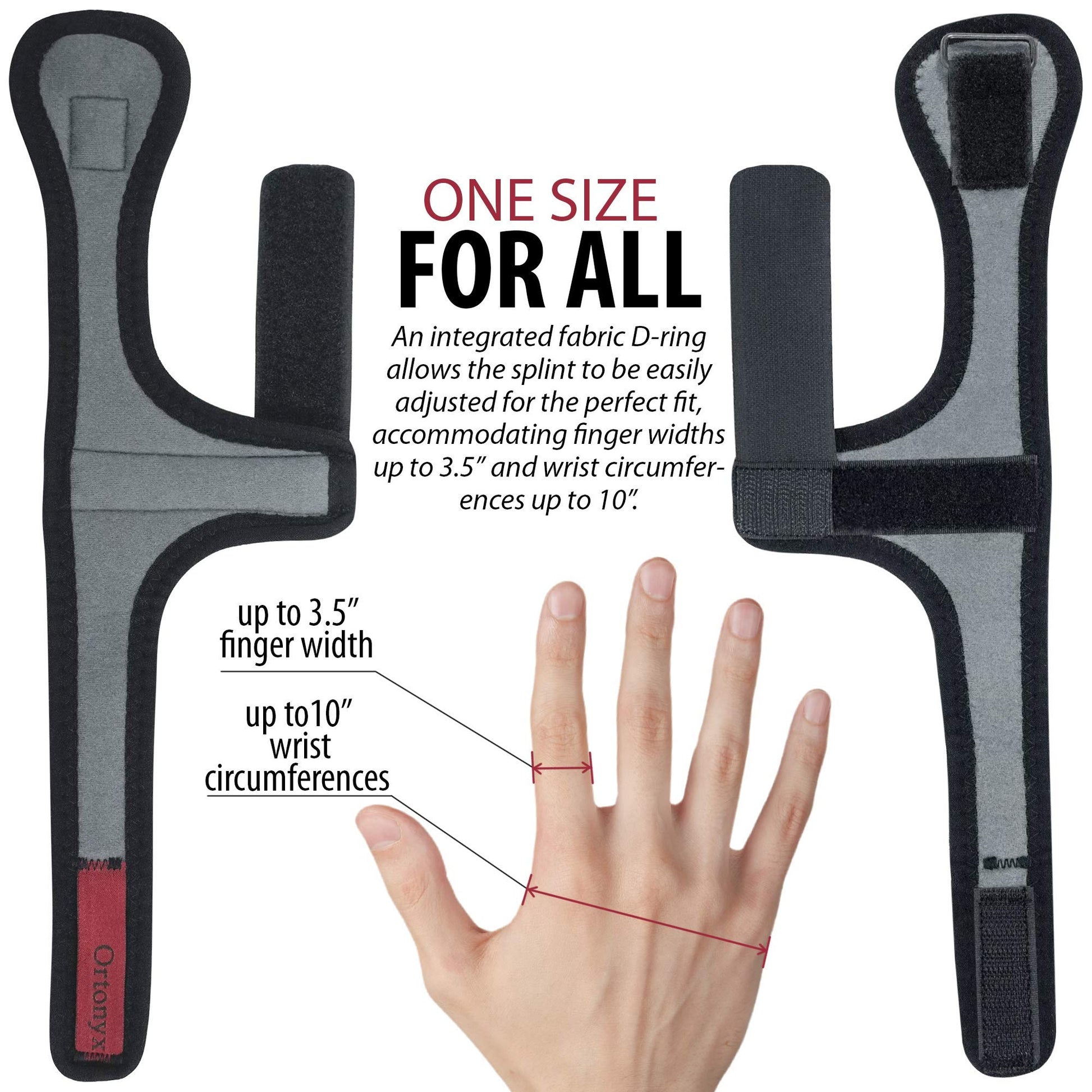 ORTONYX Trigger Finger Splint, ambidextrous pair flanking a hand with D-ring straps; fits 3.5in finger, 10in wrist
