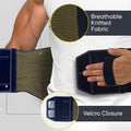 Orthopedic support belt with breathable knitted fabric and Velcro closure, close-up shows hand strap detail for secure fit