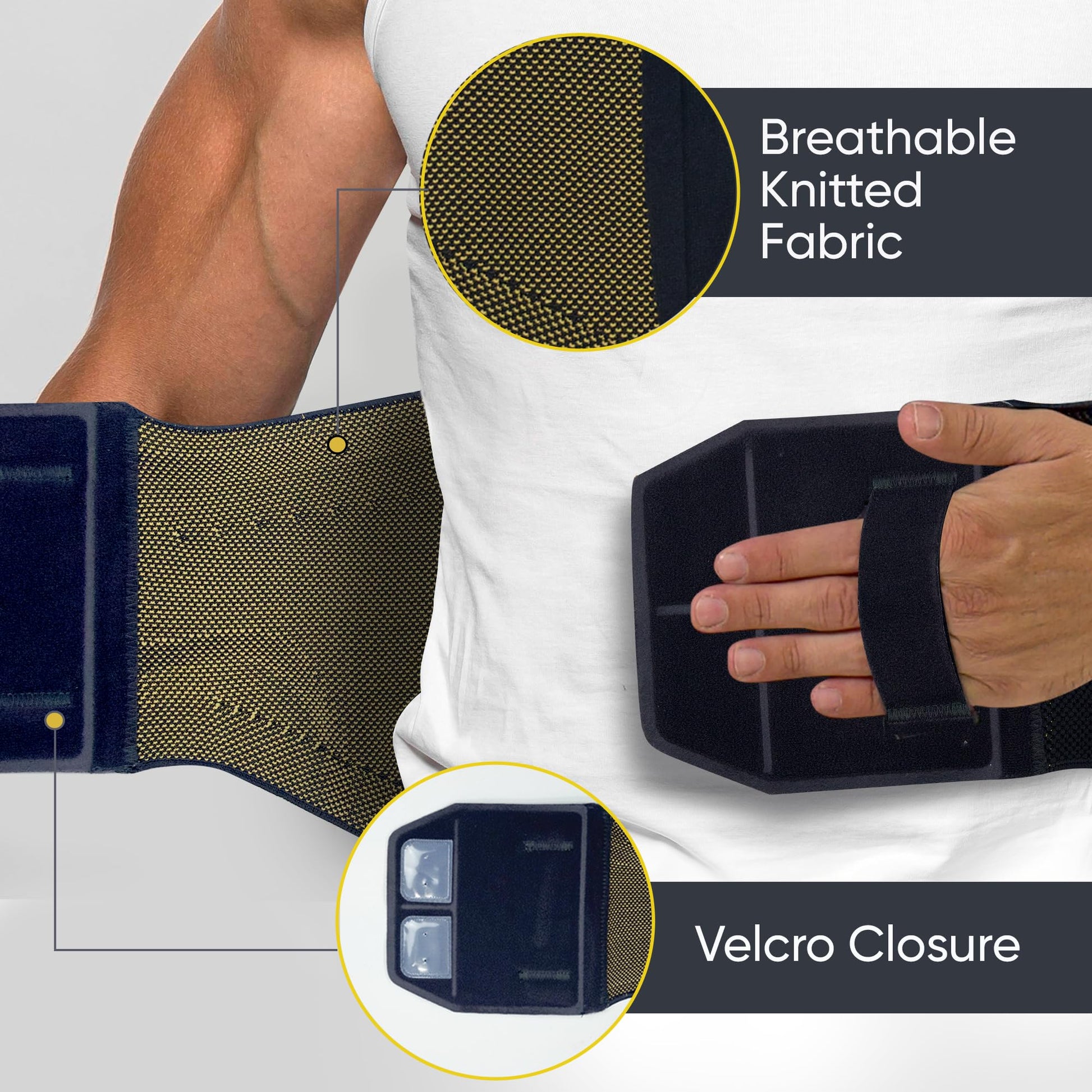 Orthopedic support belt with breathable knitted fabric and Velcro closure, close-up shows hand strap detail for secure fit