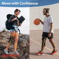 Two adults wearing ORTONYX Knee Compression Sleeve, 3D knitted knee brace with patella ring, hiking and playing basketball