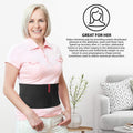 Woman wearing black ORTONYX 6.25 inch abdominal binder, breathable elastic lumbo-sacral wrap with hook-and-loop closure.