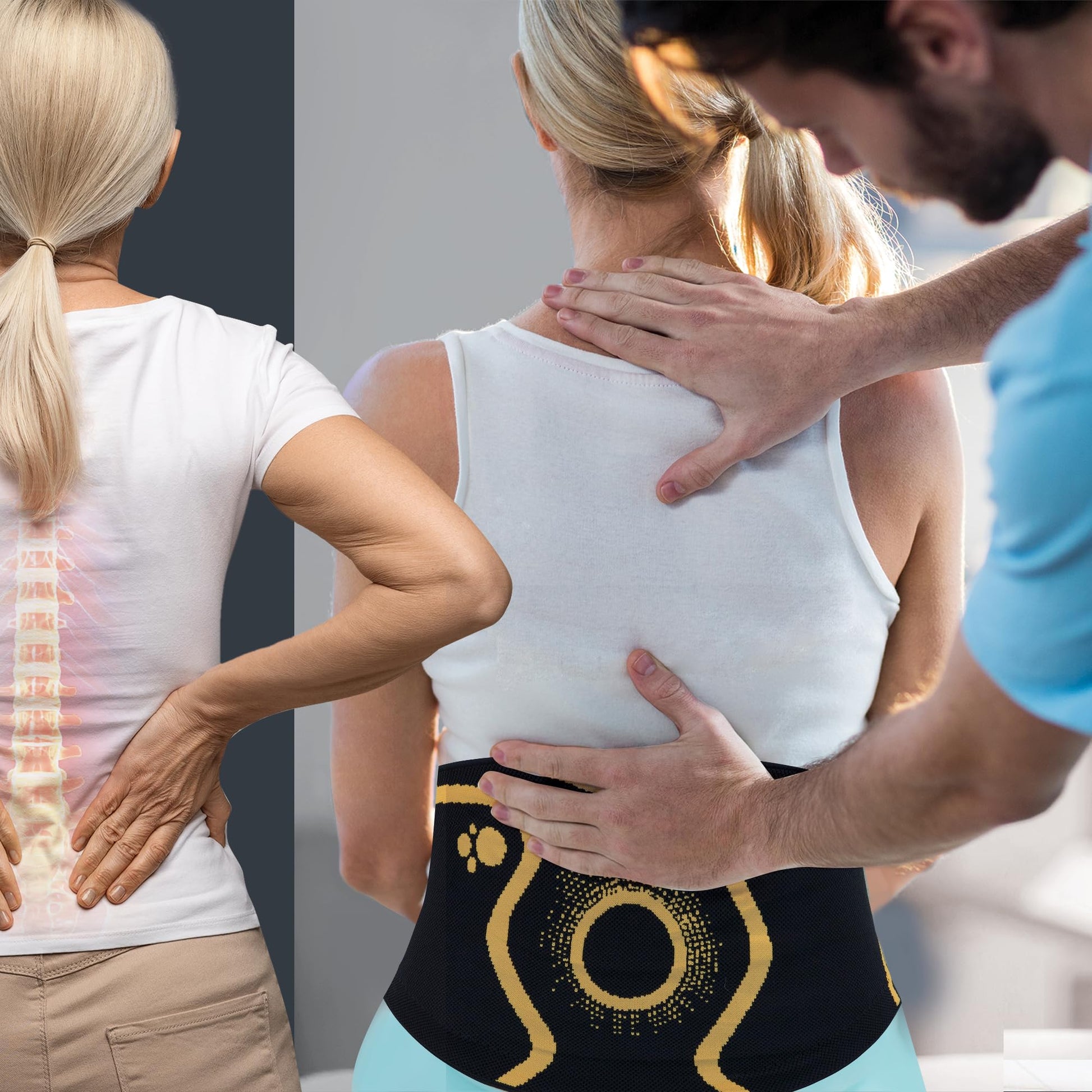 ORTONYX Lumbosacral Back Support Brace KB725 on woman's lower back; 3D knitted, breathable; therapist hands assisting