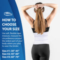 Back view wearing 9 in breathable abdominal binder, umbilical hernia belt; size guide lists 30–70 in measurements on left