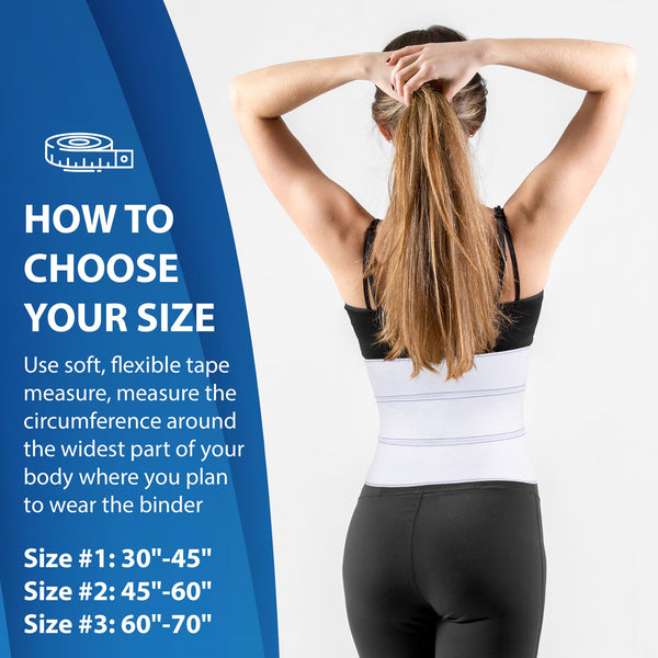 Back view wearing 9 in breathable abdominal binder, umbilical hernia belt; size guide lists 30–70 in measurements on left