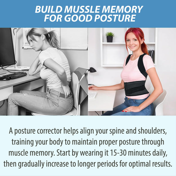Split view: back pain vs wearing ORTONYX Back Brace Posture Corrector ACHB8247, thoracic clavicle-shoulder support belt.