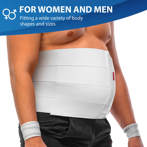 ORTONYX 12-inch wide white abdominal binder on adult torso, adjustable postoperative belly compression wrap for men and women