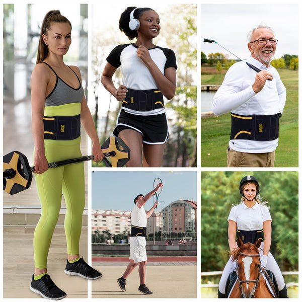 Adults weightlifting, running, golfing, playing tennis, and horseback riding while wearing an ORTONYX lumbar brace
