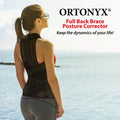 Woman wearing ORTONYX TLSO Full Back Dorsolumbar Brace Posture Corrector with crisscross straps; thoracic lumbosacral support