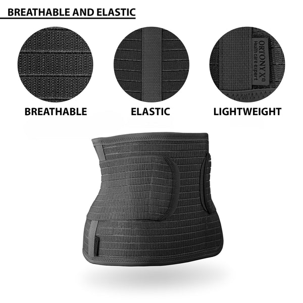 ORTONYX Abdominal Binder IMWB-568, lightweight breathable elastic support with Velcro-adjustable compression; tapered fit, black