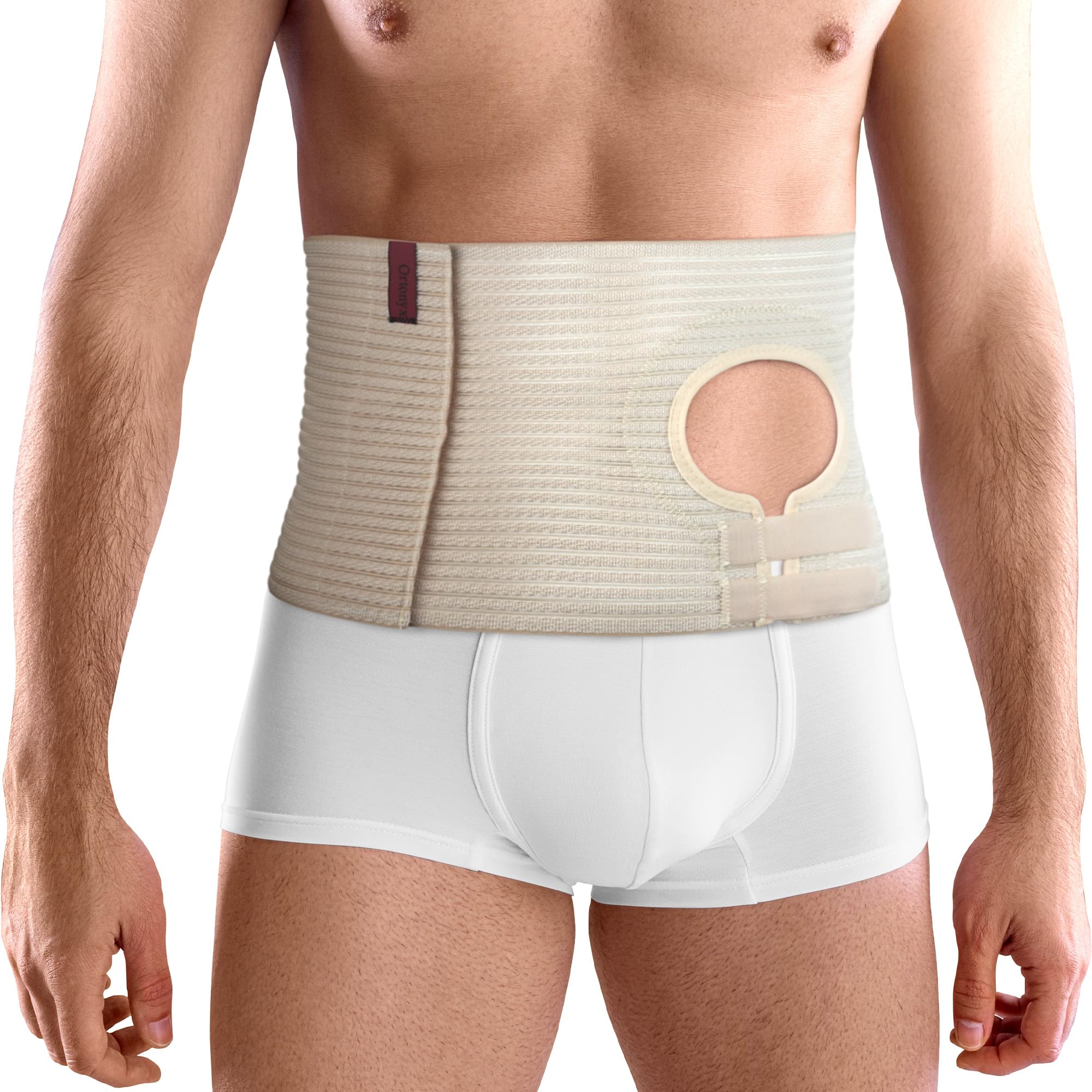 ORTONYX abdominal ostomy belt with adjustable stoma hole and hook-and-loop closure, breathable elastic support under briefs