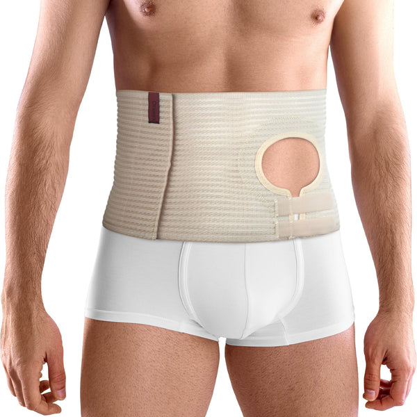 ORTONYX abdominal ostomy belt with adjustable stoma hole and hook-and-loop closure, breathable elastic support under briefs