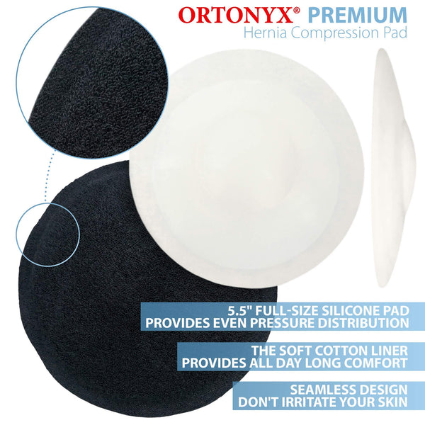 ORTONYX silicone hernia pad with convex center and cotton liner, abdominal binder insert for umbilical/ventral support