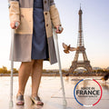 Adult using ORTONYX Progress II closed cuff forearm crutches with adjustable arm support, Made in France by Eiffel Tower