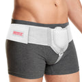 ORTONYX Inguinal Hernia Belt worn on waist, perforated groin support pad and adjustable hook-and-loop straps