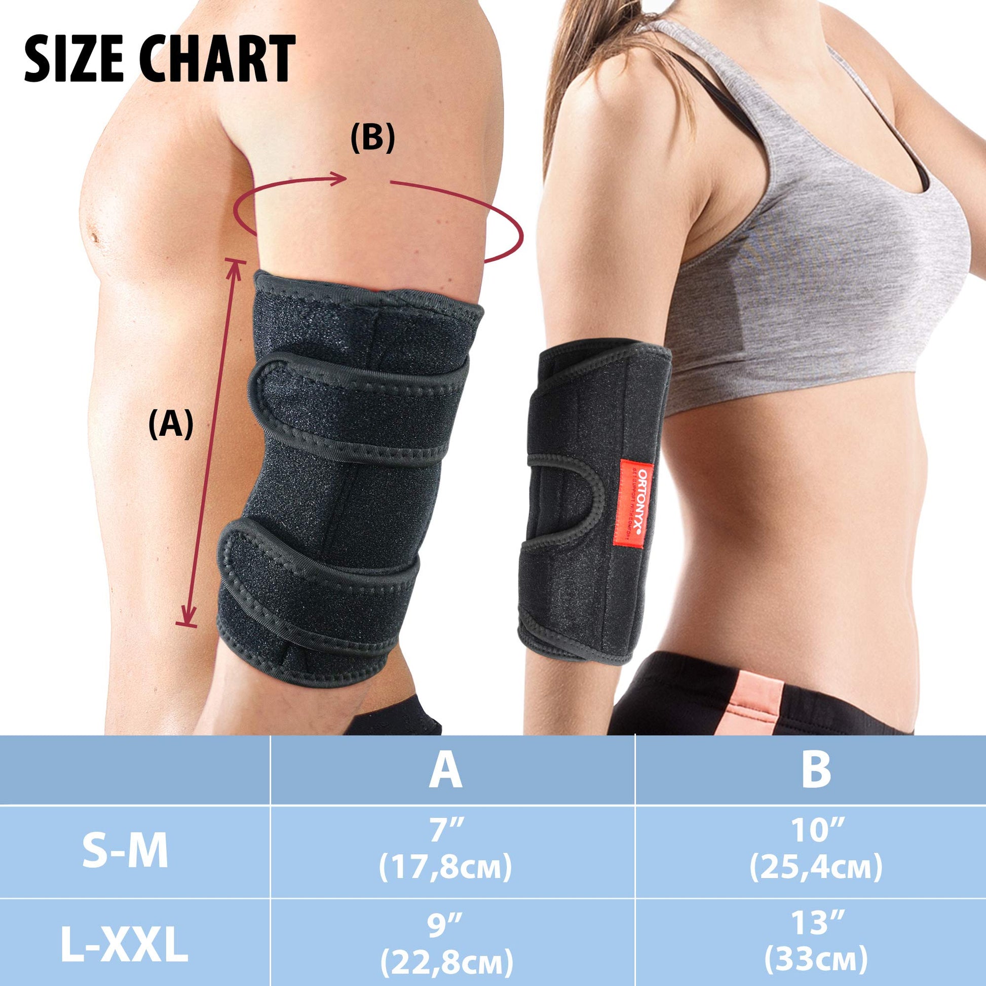 ORTONYX elbow support brace and immobilizer splint on arm, three straps; size chart with A 7–9 in, B 10–13 in, VCOXEB01.