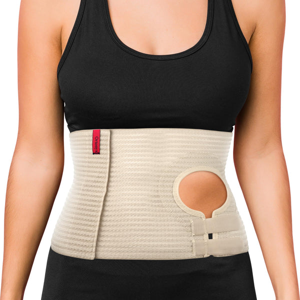 ORTONYX abdominal ostomy belt, adjustable stoma hole, breathable elastic fabric, full-length hook-and-loop closure