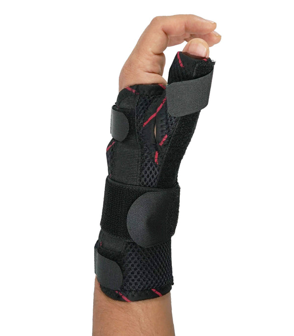 Hand wearing breathable mesh thumb immobilizer brace, thumb spica support splint, hook‑and‑loop straps; ORTONYX USACHB5324