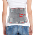 Rear view wearing breathable knitted lumbar support belt back brace, gray/red mesh, with crisscross straps and 4 metal stays