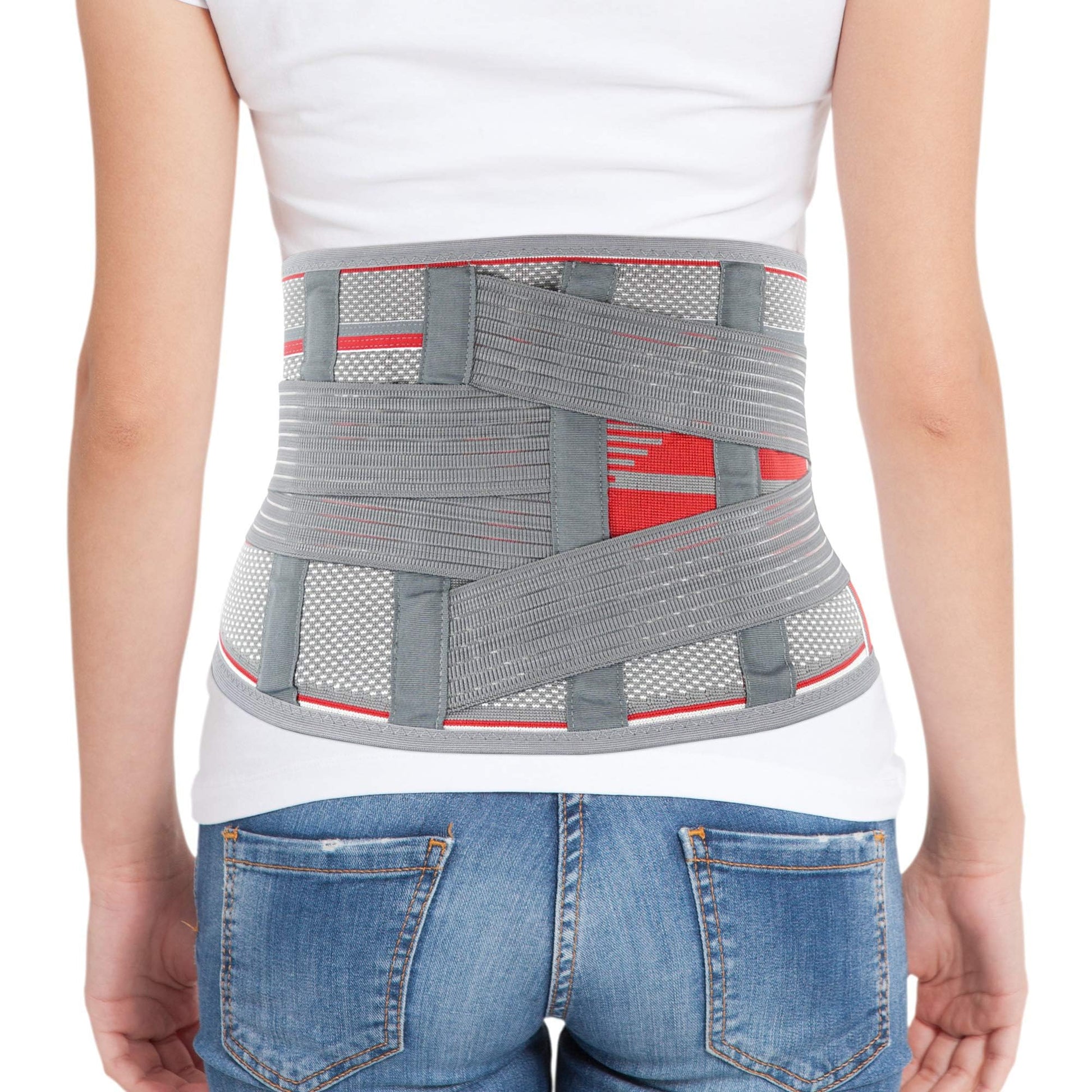 Rear view wearing breathable knitted lumbar support belt back brace, gray/red mesh, with crisscross straps and 4 metal stays