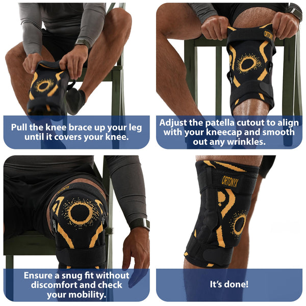 ORTONYX hinged knee brace, 3D knitted sleeve and silicone patella ring fitted, dual straps for ACL/MCL/PCL support.