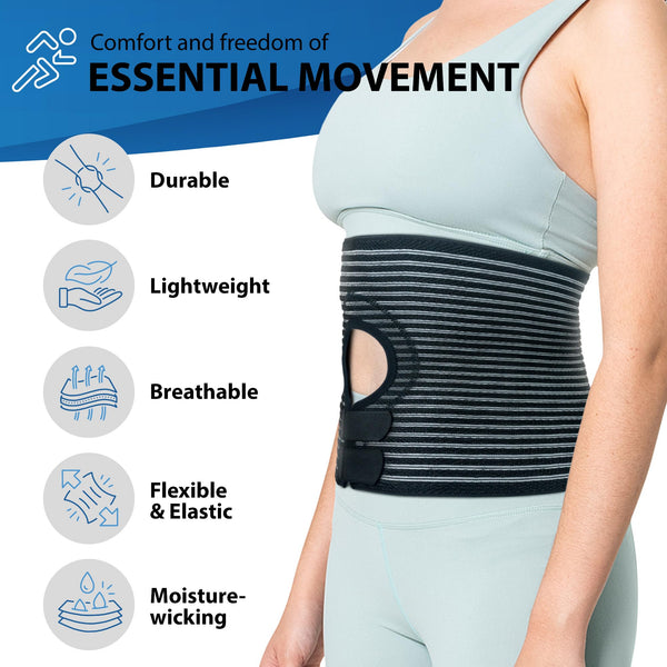 ORTONYX abdominal ostomy belt with adjustable stoma hole and hook-and-loop closure; breathable elastic colostomy belt shown.