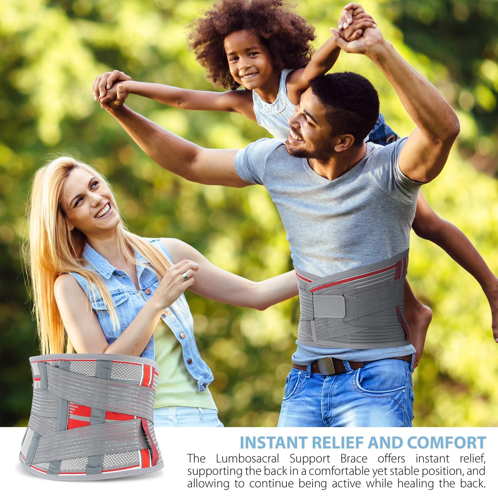 Man lifting child wearing breathable lumbar support belt back brace; inset of knitted lumbosacral brace with posterior stays