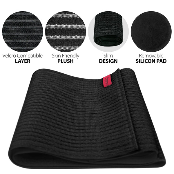 Black umbilical hernia belt, 10.25 in abdominal binder with Velcro surface and removable silicone pad for navel support