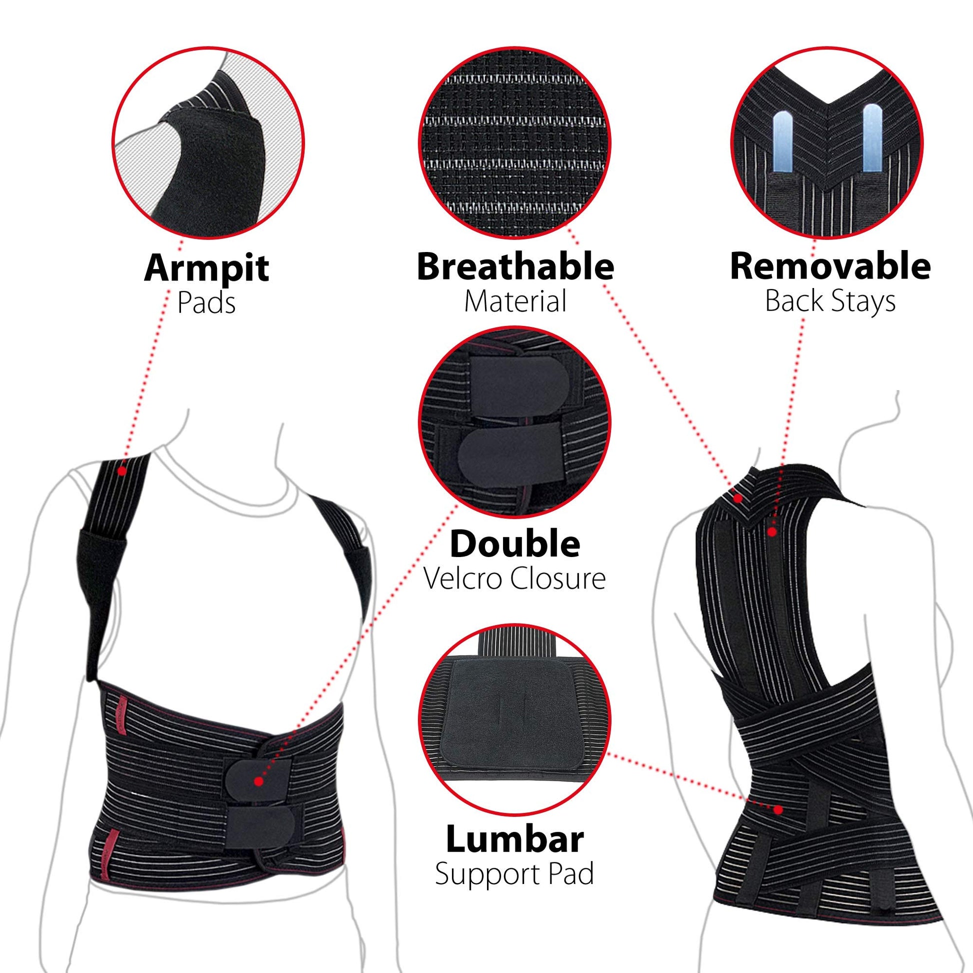 ORTONYX TLSO dorsolumbar posture corrector with breathable fabric, double Velcro closure, lumbar pad, removable back stays.