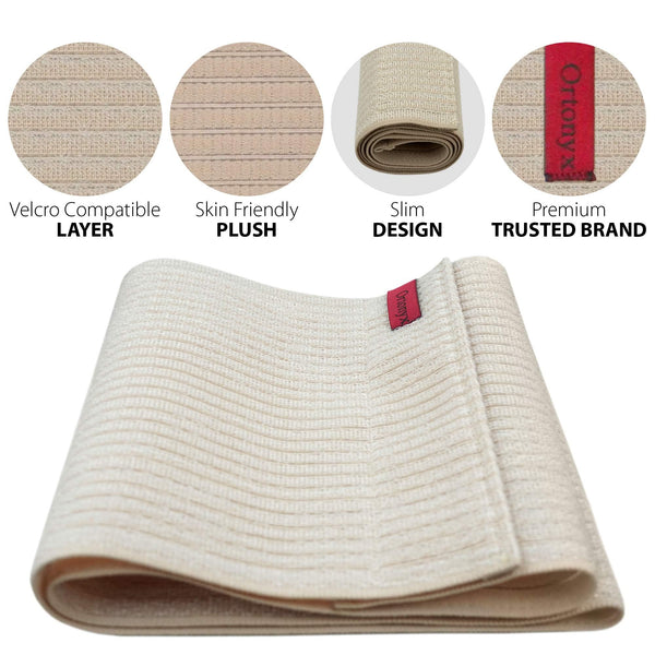 ORTONYX abdominal binder 524010 folded beige, slim ribbed breathable elastic with plush lining and Velcro-compatible outer.