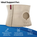 ORTONYX abdominal ostomy belt with adjustable stoma hole, hook-and-loop fit, breathable elastic for colostomy or ileostomy.