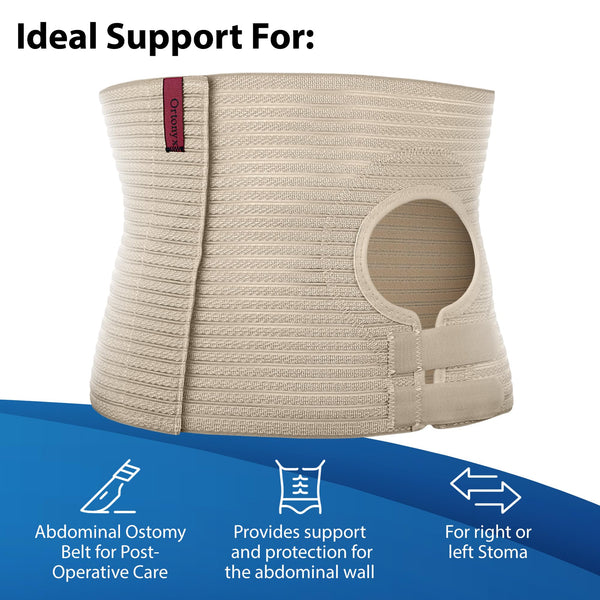ORTONYX abdominal ostomy belt with adjustable stoma hole, hook-and-loop fit, breathable elastic for colostomy or ileostomy.