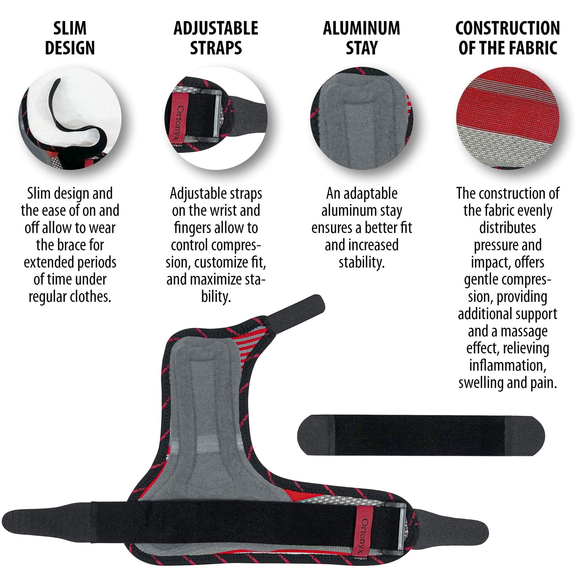 ORTONYX boxer fracture splint ACKB434, open flat in gray/red; 4th–5th digit immobilizer with adjustable straps, aluminum stay.