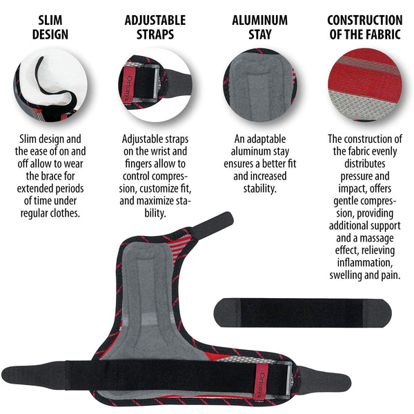 ORTONYX boxer fracture splint ACKB434, open flat in gray/red; 4th–5th digit immobilizer with adjustable straps, aluminum stay.