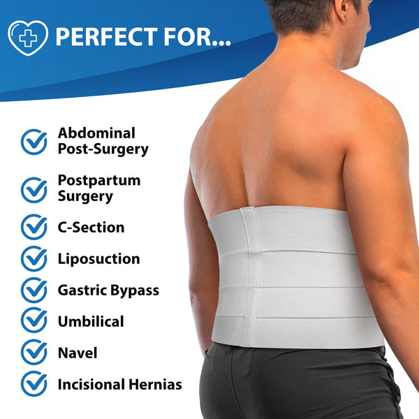 ORTONYX 12" Abdominal Binder on torso; belly compression wrap with list: post-surgery, postpartum, C-section, hernias.