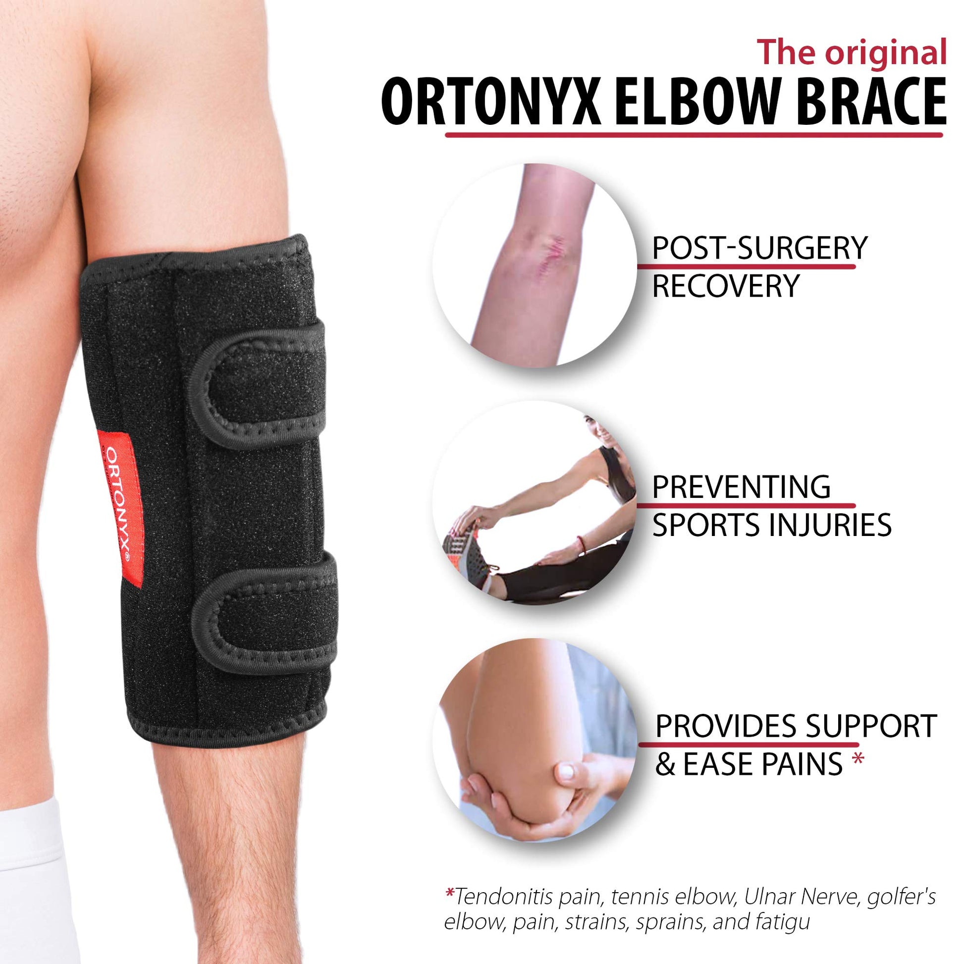 ORTONYX elbow support brace VCOXEB01, black immobilizer splint with dual straps on elbow; cubital tunnel/ulnar nerve support