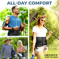 People jogging and gardening wear ORTONYX lumbar support brace—breathable lumbosacral belt with adjustable straps
