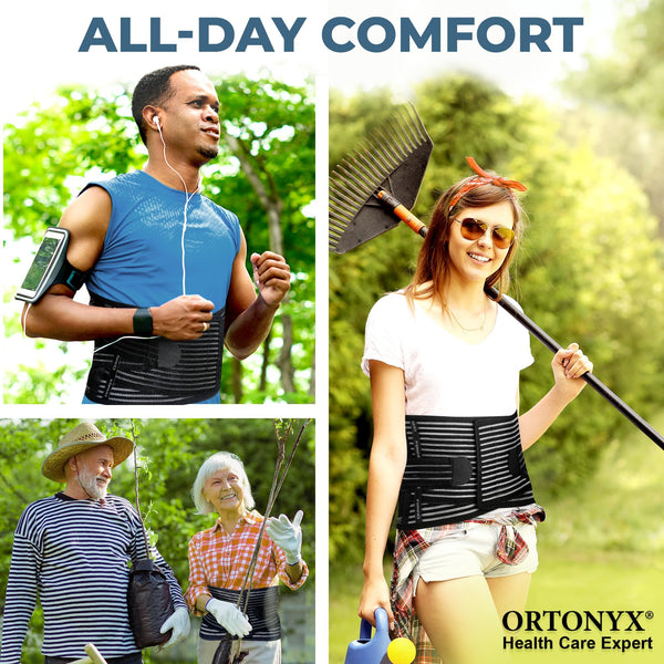 People jogging and gardening wear ORTONYX lumbar support brace—breathable lumbosacral belt with adjustable straps
